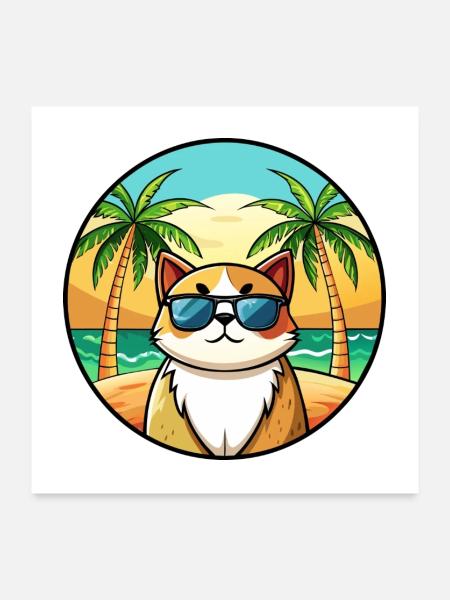 Exotique Shorthair Cat Breed Cartoon Sunglass Beach - Poster 60 x 60 cm - blanc - Devant