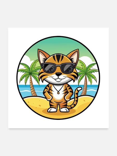 Toyger Katze Rasse Cartoon Sonnenbrille Strand - Poster 60x60 cm - Weiß - Vorne