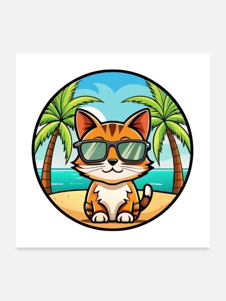 Somali Kurzhaar Katze Rasse Cartoon Sonnenbrille Strand - Poster 60x60 cm - Weiß - Vorne