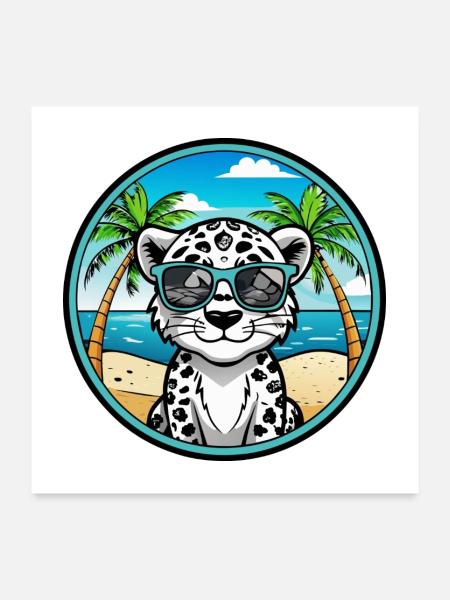 Schneeleopard Baby Katze Rasse Cartoon Sonnenbrille Strand - Poster 60x60 cm - Weiß - Vorne