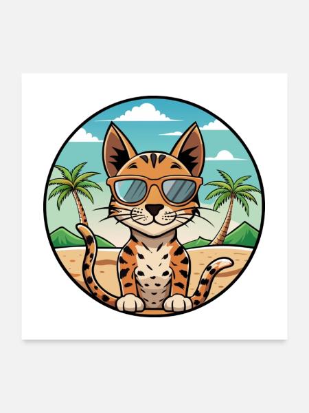 Savannah Katzenrasse Cartoon Sonnenbrille Strand - Poster 60x60 cm - Weiß - Vorne
