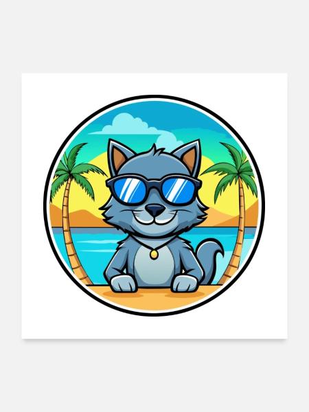 Russische blaue Katzenrasse Cartoon Sonnenbrille Strand - Poster 60x60 cm - Weiß - Vorne