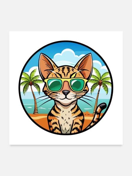Ocicat Domestic Cat Breed Cartoon Sunglasses Beach - Poster 24" x 24" (60x60 cm) - white - Front