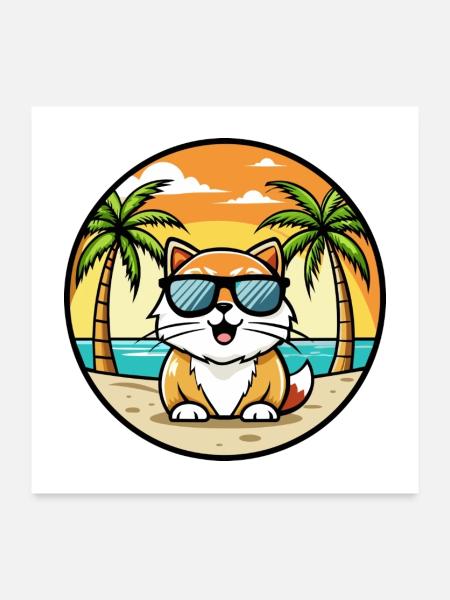 Persian Cat Breed Cartoon Sunglasses Beach - Poster 24" x 24" (60x60 cm) - white - Front