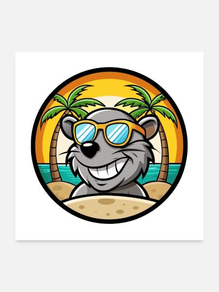 Rat Drôle Dessin Animé Plage D’été Lunettes De Soleil Autocollant - Poster 60 x 60 cm - blanc - Devant