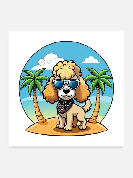 Pudel Hund Lustige Cartoon Sommer Strand Sonnenbrille - Poster 60x60 cm - Weiß - Vorne