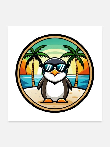 Pinguin Lustige Cartoon Sommer Strand Sonnenbrille Cool - Poster 60x60 cm - Weiß - Vorne