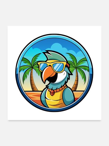 Papagei Lustige Cartoon Sommer Strand Sonnenbrille Cool - Poster 60x60 cm - Weiß - Vorne