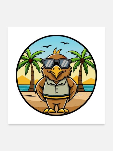 Hawk Drôle Dessin Animé Plage D’été Lunettes De Soleil Autocollant - Poster 60 x 60 cm - blanc - Devant