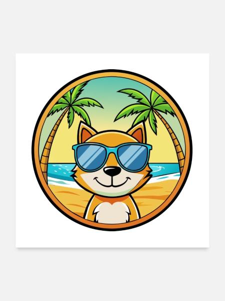 Katze Lustige Cartoon Sommer Strand Sonnenbrille Aufkleber - Poster 60x60 cm - Weiß - Vorne