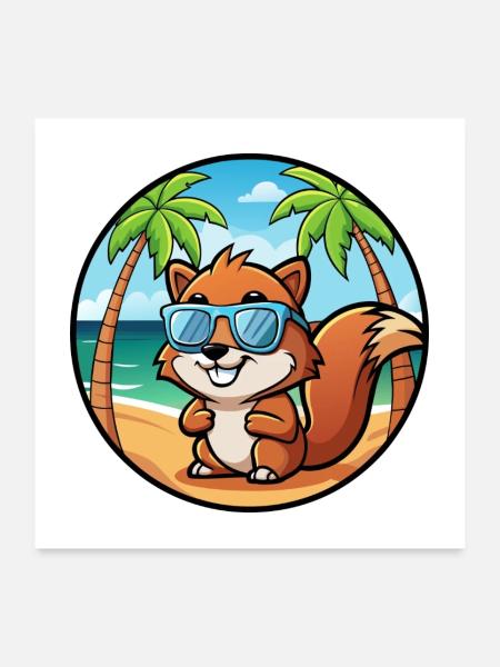 Écureuil Drôle Dessin Animé Plage Été Lunettes de soleil - Poster 60 x 60 cm - blanc - Devant