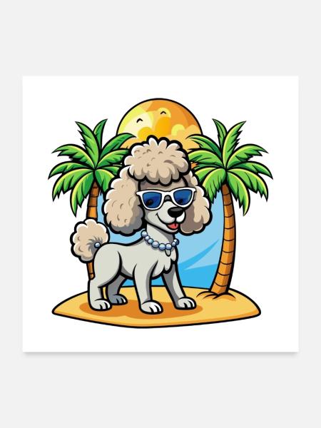 Pudel Hund Lustige Cartoon Sommer Strand Sonnenbrille - Poster 60x60 cm - Weiß - Vorne