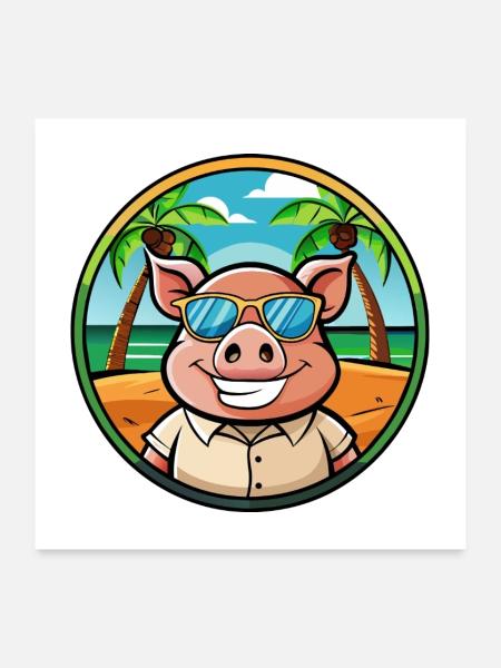 Cochon Drôle Dessin Animé Plage D’été Lunettes De Soleil Autocollant - Poster 60 x 60 cm - blanc - Devant