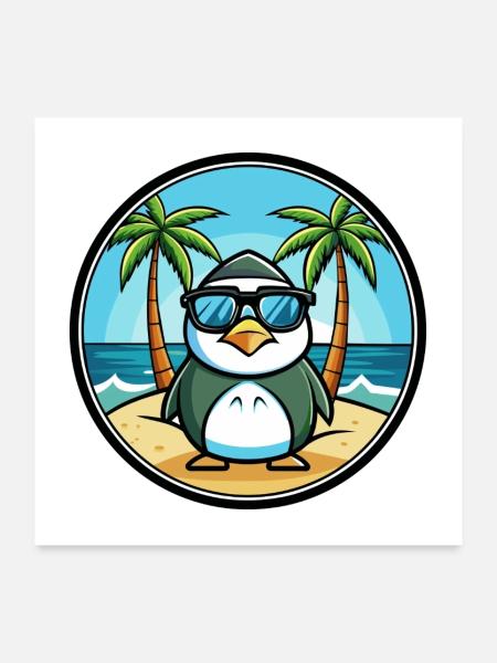 Pinguin Lustige Cartoon Sommer Strand Sonnenbrille Cool - Poster 60x60 cm - Weiß - Vorne