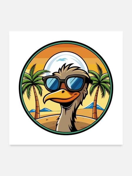 Emu Funny Cartoon Lunettes de soleil de plage d’été Autocollant - Poster 60 x 60 cm - blanc - Devant