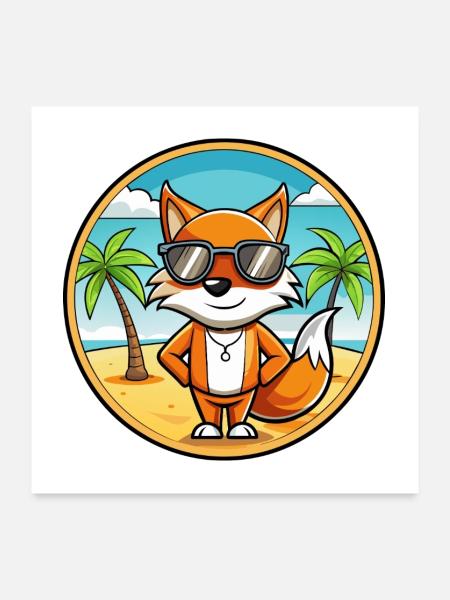 Fuchs Lustige Cartoon Sommer Strand Sonnenbrille Aufkleber - Poster 60x60 cm - Weiß - Vorne