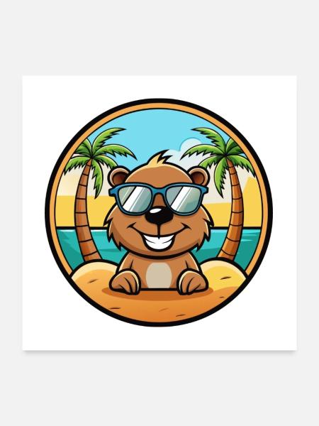 Biber Lustige Cartoon Sommer Strand Sonnenbrille Cool - Poster 60x60 cm - Weiß - Vorne