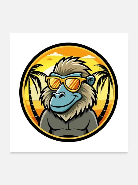Pavian Lustige Cartoon Sommer Strand Sonnenbrille Cool - Poster 60x60 cm - Weiß - Vorne