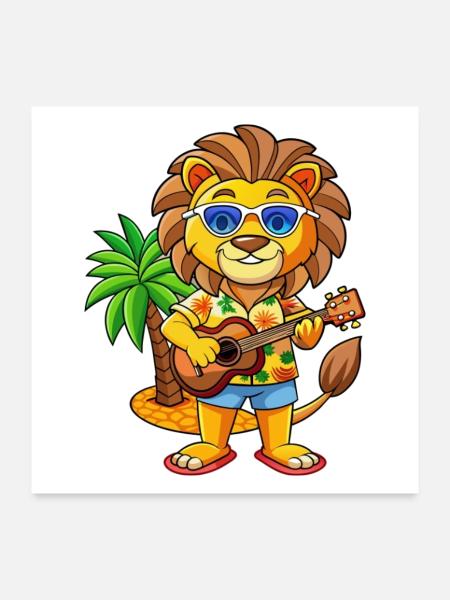 Lustige Löwe Sommer Strand Sonnenbrille Hawaiianisch - Poster 60x60 cm - Weiß - Vorne