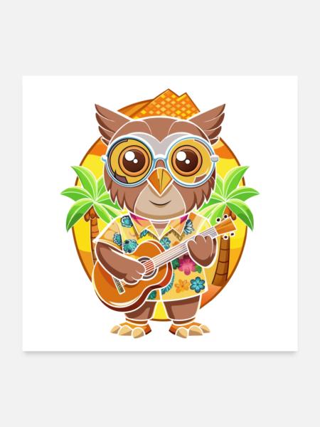 Drôle Hibou Dessin Animé Plage D’été Lunettes De Soleil Guitare - Poster 60 x 60 cm - blanc - Devant