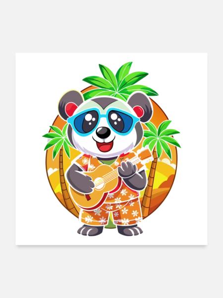 Lustige Panda Cartoon Sommer Strand Sonnenbrille Gitarre - Poster 60x60 cm - Weiß - Vorne