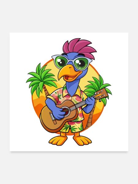 Funny Emu Cartoon Summer Beach Lunettes de soleil guitare - Poster 60 x 60 cm - blanc - Devant