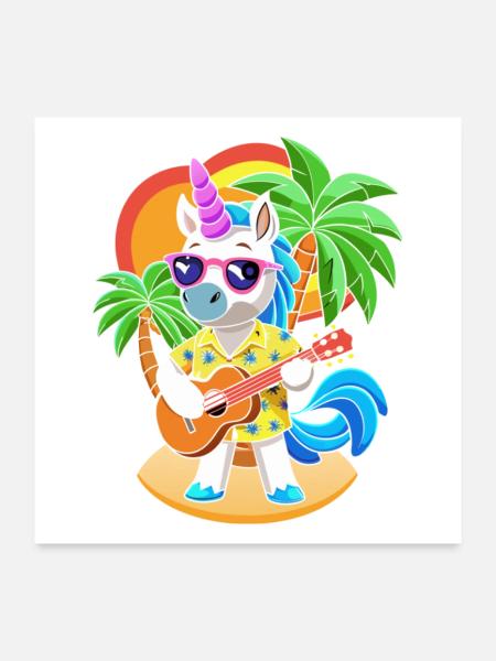 Lustige Einhorn Cartoon Sommer Strand Sonnenbrille - Poster 60x60 cm - Weiß - Vorne