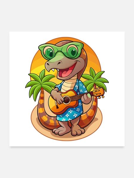 Drôle Serpent Dessin Animé Plage D’été Lunettes De Soleil Guitare - Poster 60 x 60 cm - blanc - Devant