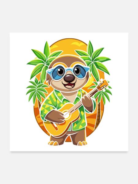 Lustiges Faultier Cartoon Sommer Strand Sonnenbrille Gitarre - Poster 60x60 cm - Weiß - Vorne