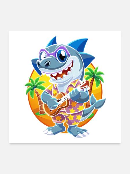 Lustige Hai Cartoon Sommer Strand Sonnenbrille Gitarre - Poster 60x60 cm - Weiß - Vorne