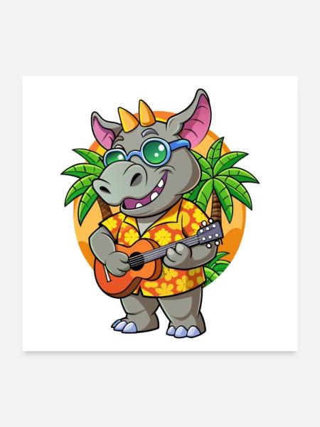 Drôle Rhino Dessin Animé Plage D’été Lunettes De Soleil Guitare - Poster 60 x 60 cm - blanc - Devant