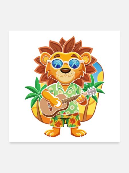 Funny Lion Cartoon Summer Beach Lunettes de soleil guitare - Poster 60 x 60 cm - blanc - Devant
