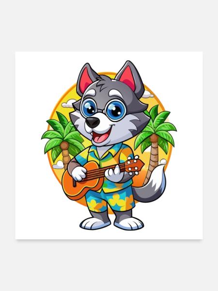 Drôle Husky Chien Dessin Animé Lunettes De Soleil De Plage D’été - Poster 60 x 60 cm - blanc - Devant