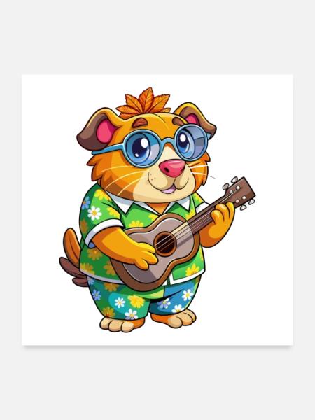 Drôle Cochon D’Inde Dessin Animé Lunettes De Soleil Plage D’été - Poster 60 x 60 cm - blanc - Devant