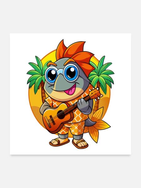 Lustige Fisch Cartoon Sommer Strand Sonnenbrille Gitarre - Poster 60x60 cm - Weiß - Vorne