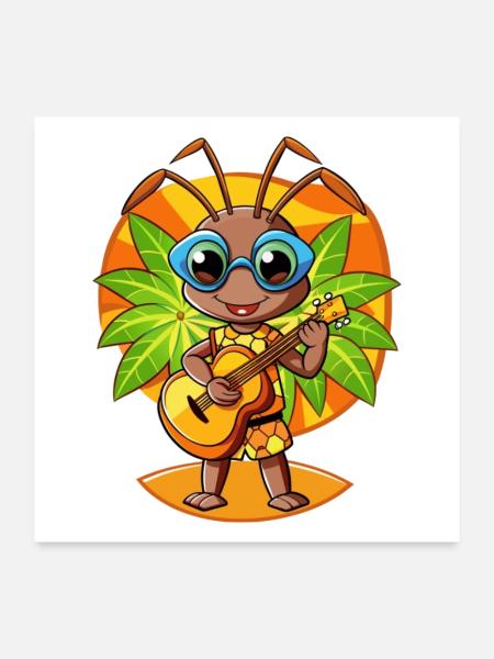 Lustige Ameise Cartoon Sommer Strand Sonnenbrille Gitarre - Poster 60x60 cm - Weiß - Vorne