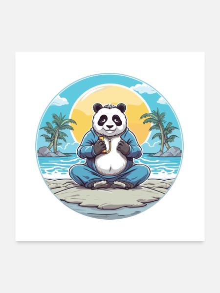 Panda-Karikatur-Yoga-Strand-Sommer-Illustration - Poster 60x60 cm - Weiß - Vorne