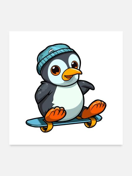 Lustiger Pinguin Kawaii Cartoon spielt Skateboard - Poster 60x60 cm - Weiß
