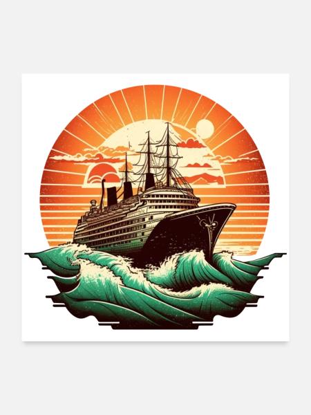 Kreuzfahrtschiff Retro Vintage Farbe 2 - Poster 60x60 cm - Weiß - Vorne