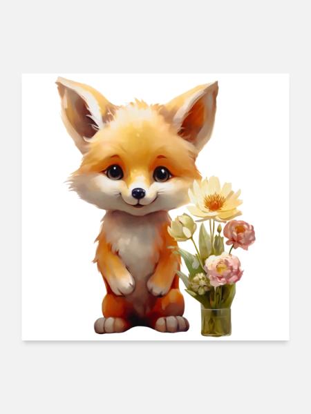 Süsser Fuchs mit Blumen – Kleiner Glücksbringer - Poster 60x60 cm - Weiß - Vorne