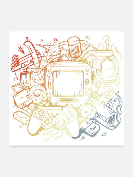 PC Spiele im Vintage Look - Poster 60x60 cm - Weiß - Vorne