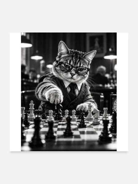Katze Schachspieler Retro Design - Poster 60x60 cm - Weiß - Vorne