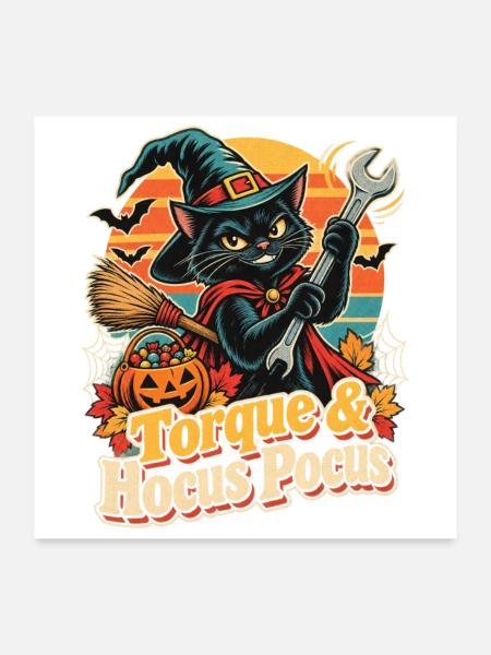 Halloween Katzen-Hexe mit Schraubenschlüssel - Poster 60x60 cm - Weiß - Vorne