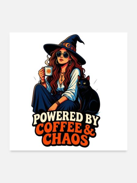 Kaffee Chaos Boho-Girl & Katze - Poster 60x60 cm - Weiß - Vorne