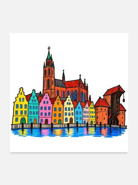 Danzig Skyline – Bunte Hafenstadt im Wachsmalstil - Poster 60x60 cm - Weiß - Vorne