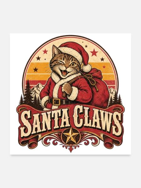 Katze Santa Claws Vintage Weihnachten - Poster 60x60 cm - Weiß - Vorne