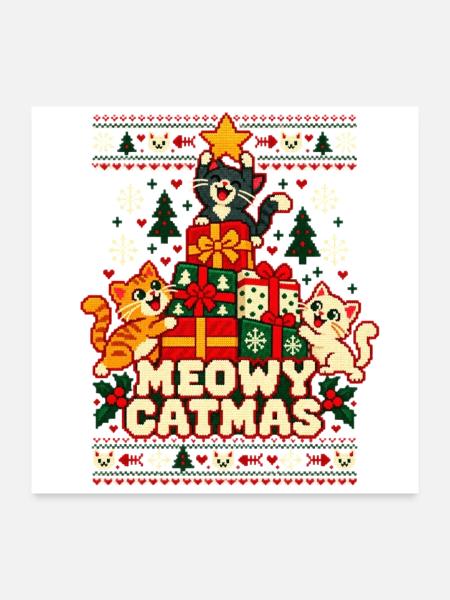 Weihnachten Katzen Meowy Catmas - Poster 60x60 cm - Weiß - Vorne