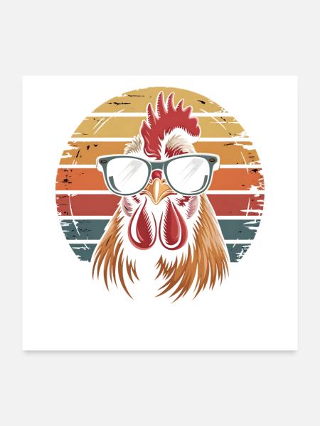 Retro Hahn Sonnenbrille Sonnenuntergang Hühner - Poster 60x60 cm - Weiß - Vorne