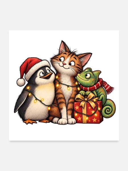 Weihnachts-Pinguin-Katze und Chamäleon-Freunde - Poster 60x60 cm - Weiß - Vorne