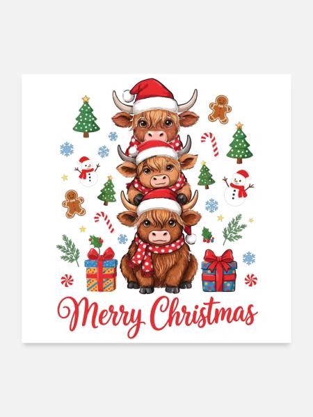 Weihnachtliche Hochlandrinder mit Nikolausmützen - Poster 60x60 cm - Weiß - Vorne